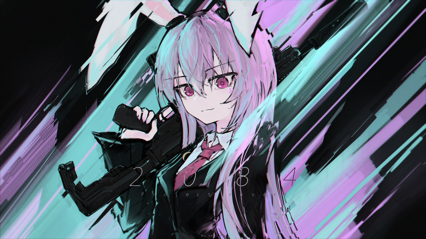 1girl absurdres animal_ears blazer commentary english_commentary english_text gun highres holding holding_gun holding_weapon jacket light_smile long_hair long_sleeves looking_at_viewer necktie purple_eyes purple_hair rabbit_ears rabbit_girl red_necktie reisen_udongein_inaba rifle sedl_04 solo touhou very_long_hair weapon