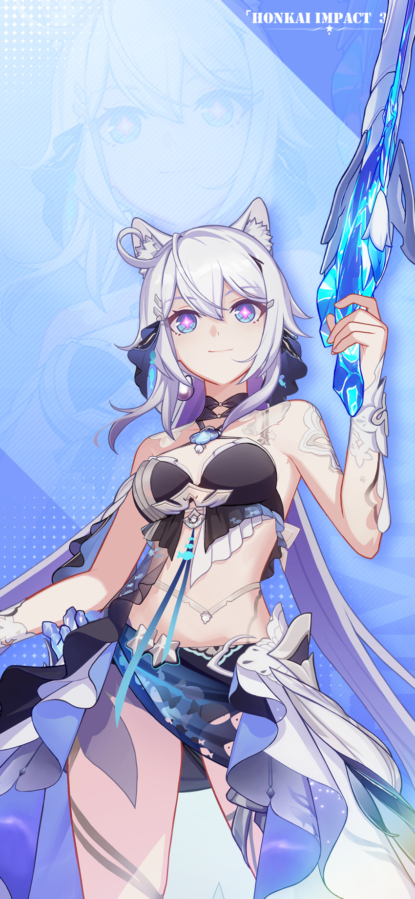 1girl ahoge animal_ear_fluff animal_ears bare_shoulders black_headwear breasts cat_ears chinese_commentary cleavage closed_mouth fish gun hair_between_eyes handgun highres holding holding_weapon honkai_(series) honkai_impact_3rd kiana_kaslana kiana_kaslana_(herrscher_of_finality) logo long_hair medium_breasts midriff official_alternate_costume official_art official_wallpaper smile solo star-shaped_pupils star_(symbol) sword symbol-shaped_pupils upper_body very_long_hair weapon white_hair