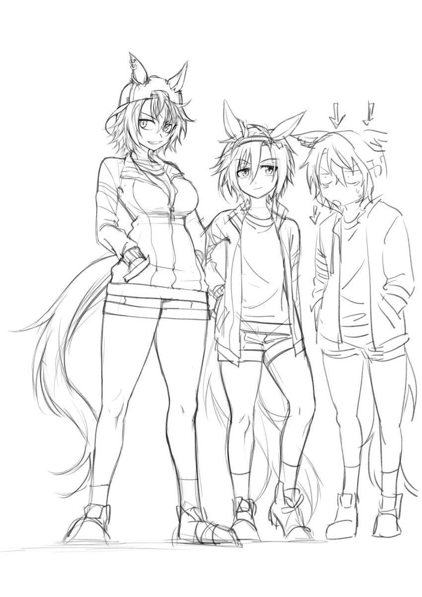 3girls animal_ears ankle_socks baseball_cap closed_jacket commentary daiwa_major_(racehorse) dictus_striker durandal_(racehorse) ear_ornament ears_through_hood fukuro_(maruaru00) genderswap genderswap_(mtf) grey_scarf hair_between_eyes hairband hands_in_pockets hat highres hood hooded_jacket horse_ears horse_girl horse_tail jacket long_sleeves looking_at_viewer multiple_girls open_clothes open_jacket original personification scarf short_hair simple_background sketch socks tail track_jacket trait_connection umamusume umamusume:_cinderella_gray white_background