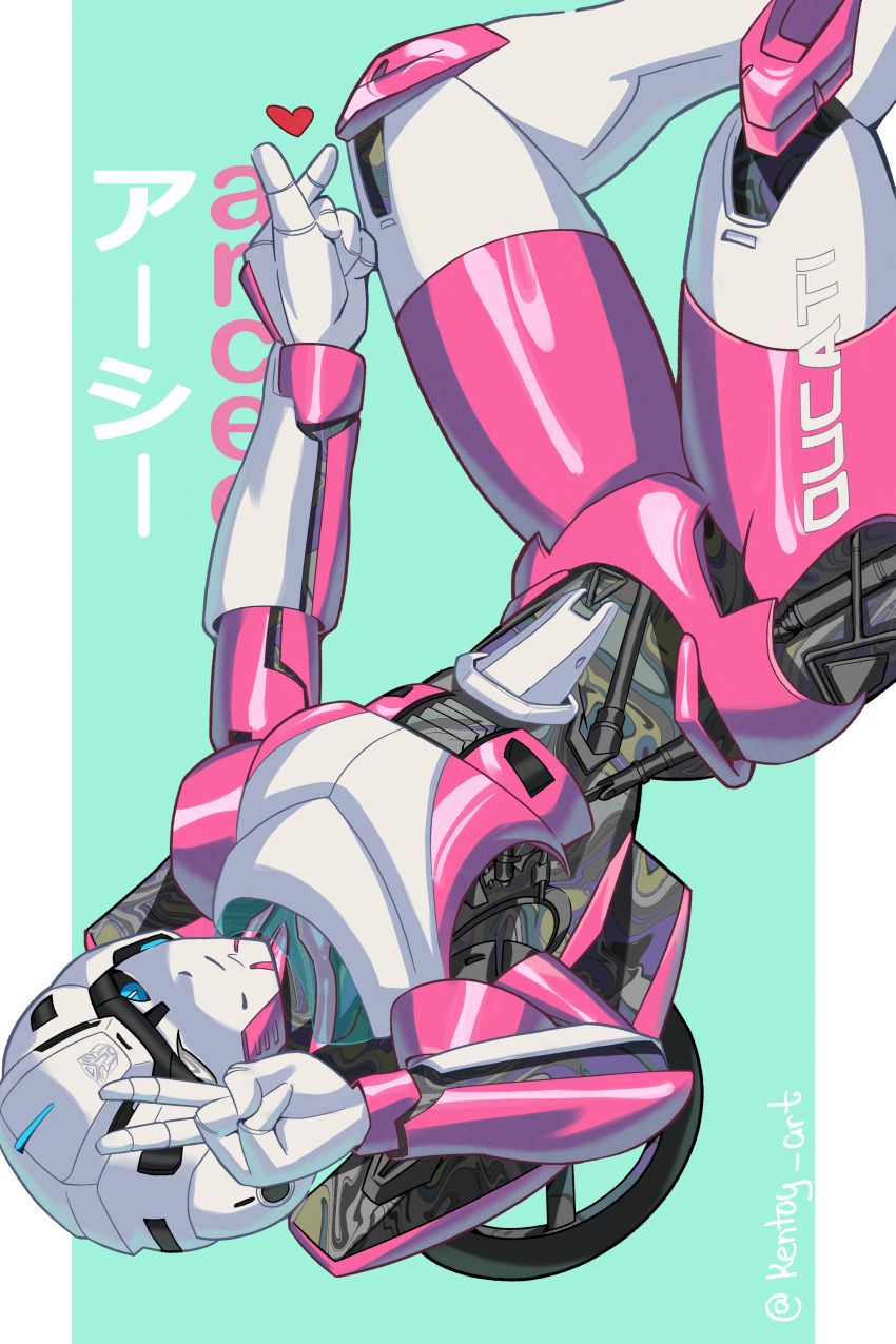1girl absurdres arcee armor artist_name autobot bilingual blue_eyes breasts character_name clip_studio_paint_(medium) ducati helmet highres kentoy_art looking_at_viewer mecha medium_breasts mixed-language_text robot science_fiction thighs transformers transformers:_rise_of_the_beasts transformers_(live_action) v