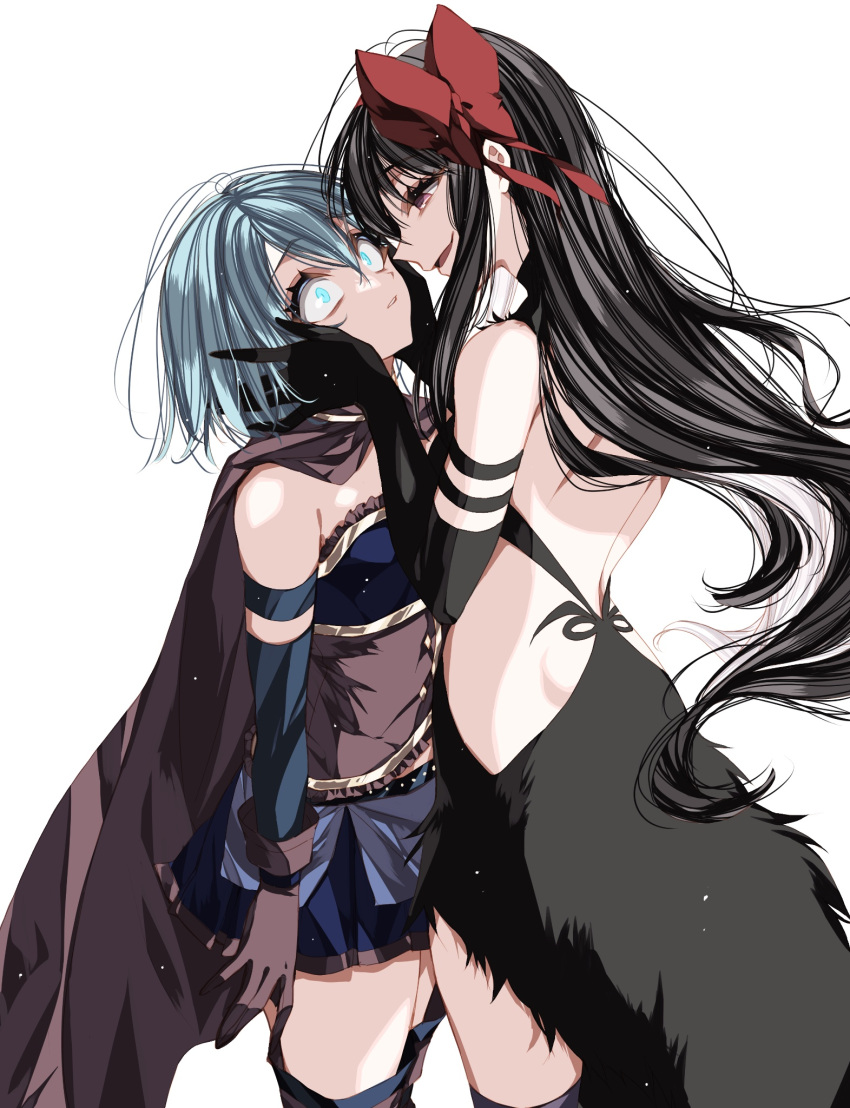 2girls akemi_homura akuma_homura bare_back bare_shoulders black_hair blue_eyes blue_hair bow cape gloves hands_on_another's_cheeks hands_on_another's_face highres long_hair looking_at_another magical_girl mahou_shoujo_madoka_magica mahou_shoujo_madoka_magica:_hangyaku_no_monogatari miki_sayaka mind_control misteor multiple_girls open_mouth purple_eyes red_bow red_ribbon ribbon short_hair skirt smile thighhighs white_background zettai_ryouiki