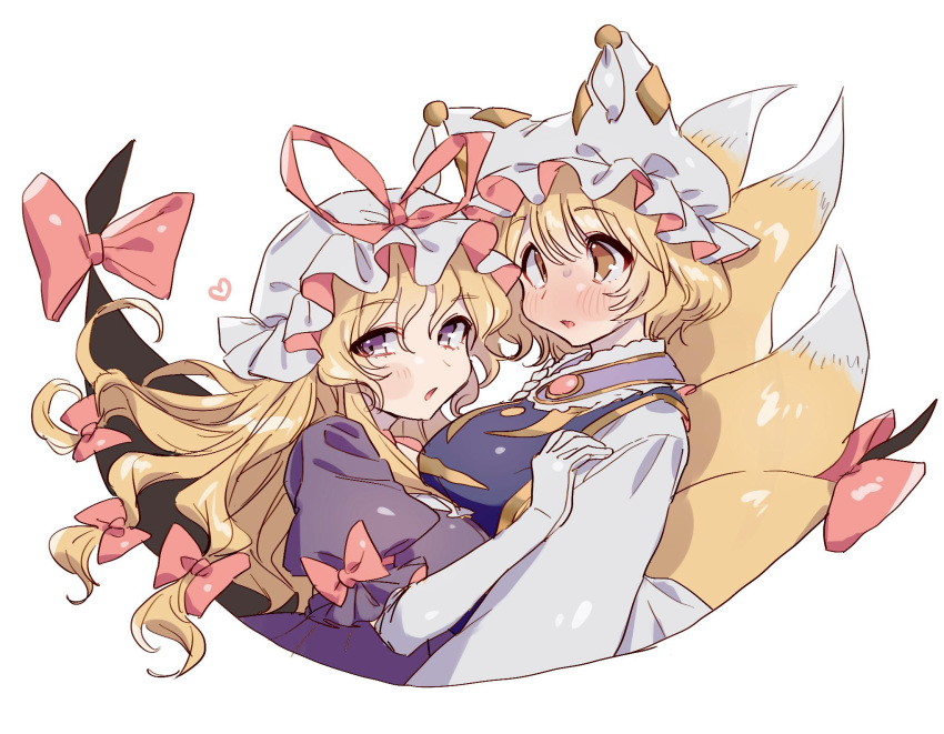 2girls animal_ears blonde_hair blush breasts dress elbow_gloves fox_ears fox_tail frilled_sleeves frills gap_(touhou) gloves hat hat_ribbon heart highres large_breasts long_hair masanaga_(tsukasa) mob_cap multiple_girls multiple_tails one-hour_drawing_challenge open_mouth purple_dress purple_eyes red_ribbon ribbon short_hair short_sleeves simple_background tabard tail touhou white_background white_gloves white_headwear yakumo_ran yakumo_yukari yellow_eyes