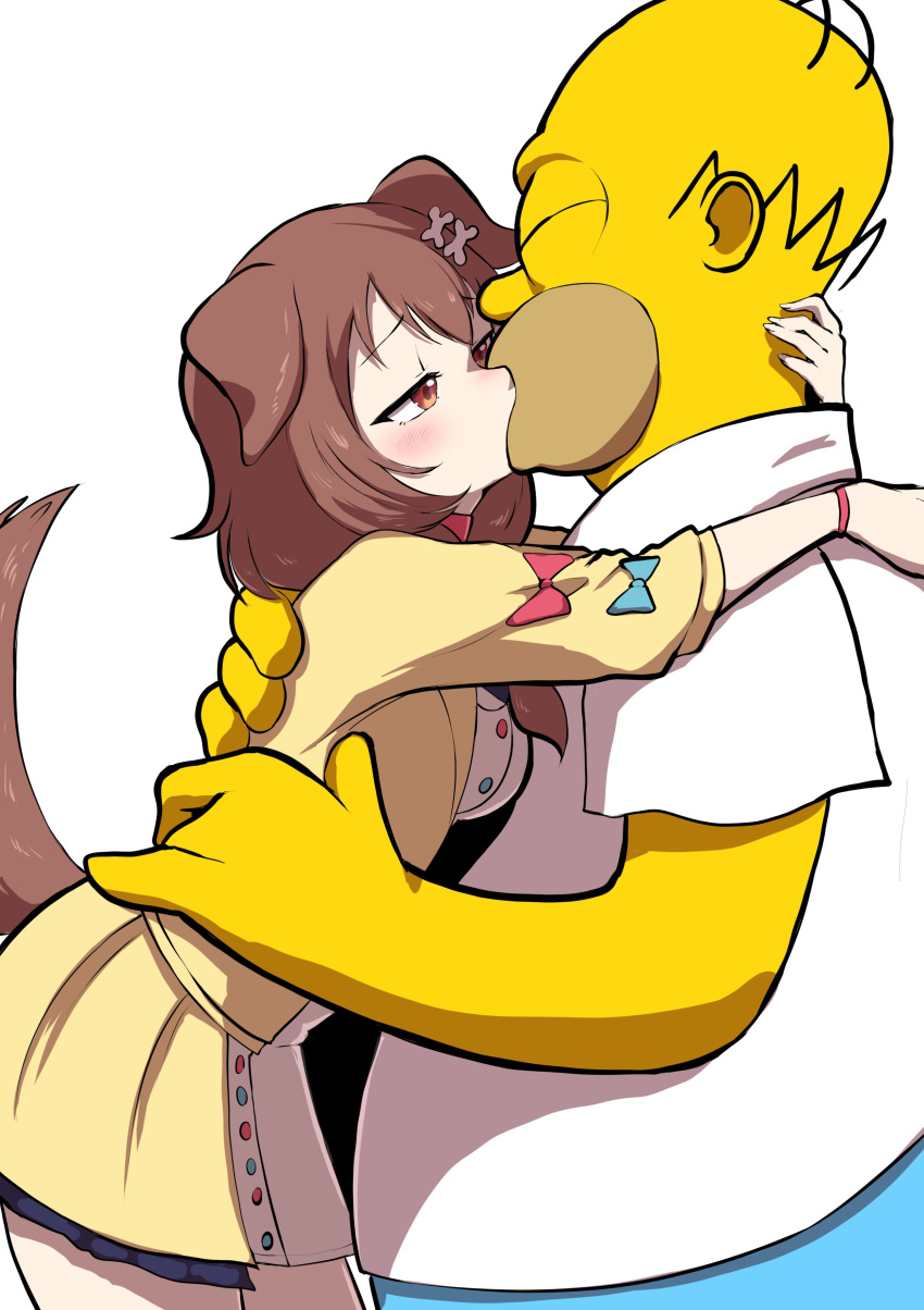 1girl absurdres animal_ears bone_hair_ornament brown_eyes brown_hair chromodomo dog_ears dog_girl dog_tail hair_ornament highres hololive homer_simpson inugami_korone kiss shirt simple_background tail the_simpsons virtual_youtuber white_background white_shirt