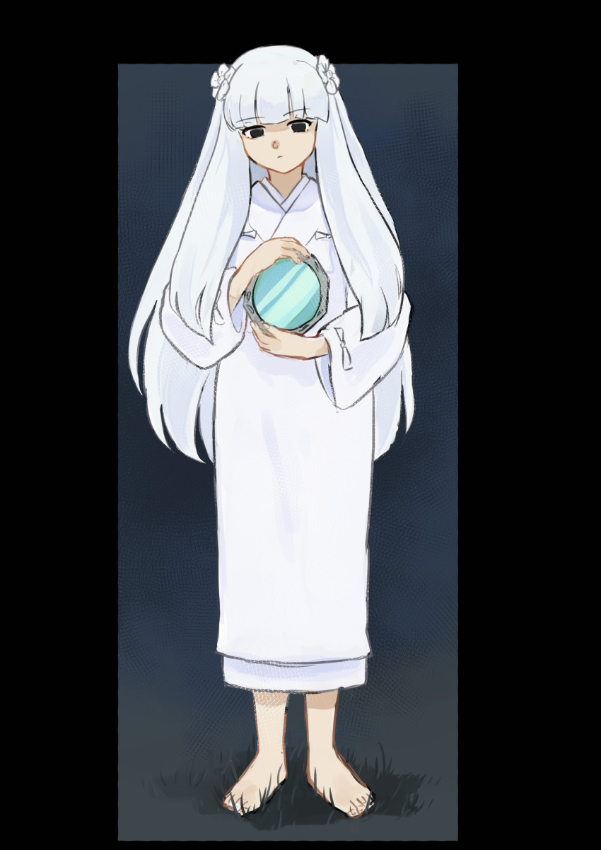 1girl barefoot black_eyes blunt_bangs closed_mouth flower full_body hair_flower hair_ornament highres holding holding_mirror inuyasha japanese_clothes kanna_(inuyasha) kimono long_hair long_sleeves looking_at_viewer mirror solo standing white_flower white_hair white_kimono wide_sleeves zuchi_wan