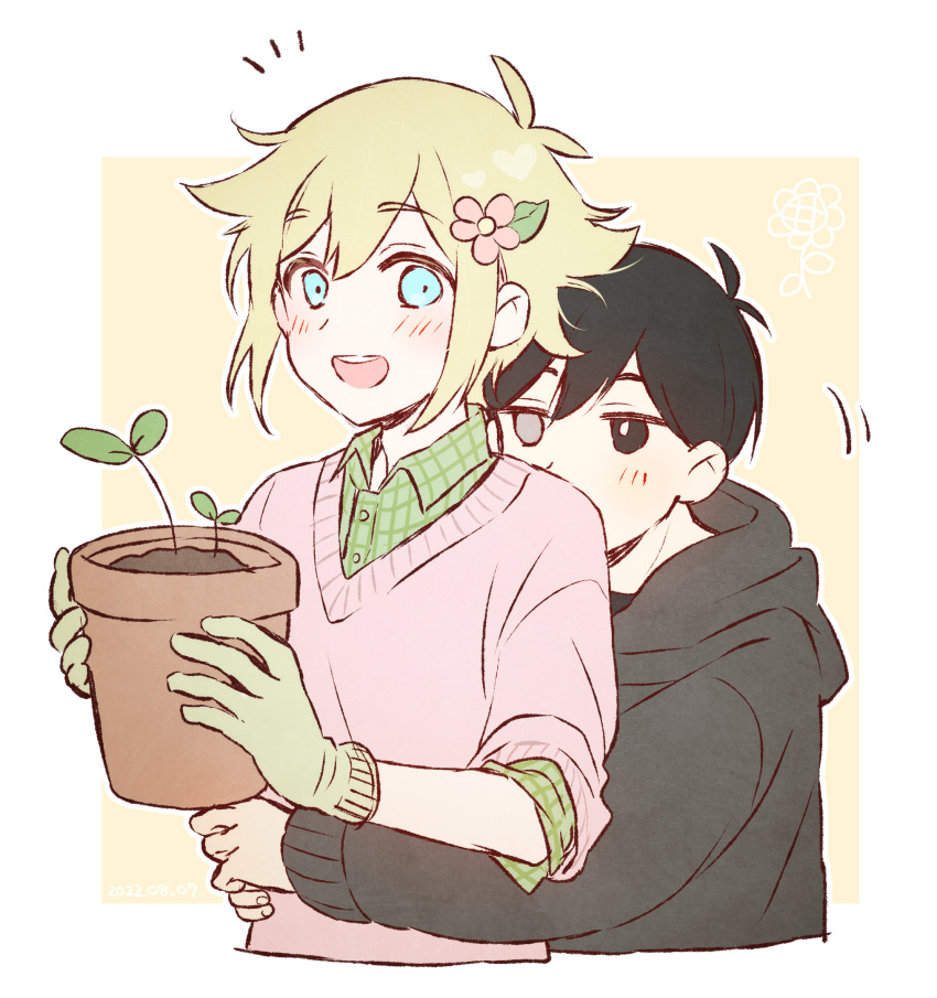 2boys :d antenna_hair aqua_eyes basil_(omori) black_eyes black_hair black_hoodie blonde_hair blush flower flower_pot gardening gloves green_gloves green_shirt hair_flower hair_ornament happy heterochromia highres holding_flower_pot hood hoodie hug hug_from_behind leaf_hair_ornament long_sleeves male_focus manimarough multiple_boys omori pink_flower pink_sweater plaid plaid_shirt shirt sidelocks smile spoilers sprout sunny_(omori) sweater white_eyes