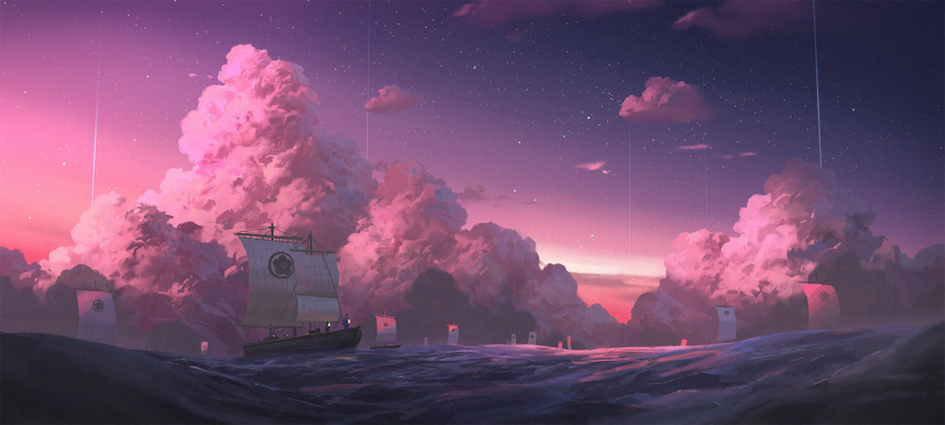 boat cloud commentary cyclecircle english_commentary highres ocean original outdoors people pink_theme sail scenery ship shooting_star sky star_(sky) starry_sky twilight watercraft wide_shot