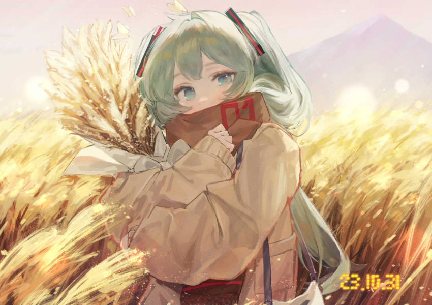 1girl absurdres aqua_eyes aqua_hair bag brown_scarf coat dated duplicate handbag hatsune_miku highres long_hair looking_at_viewer mihoranran outdoors scarf sleeves_past_wrists solo twintails upper_body vocaloid wheat wheat_field