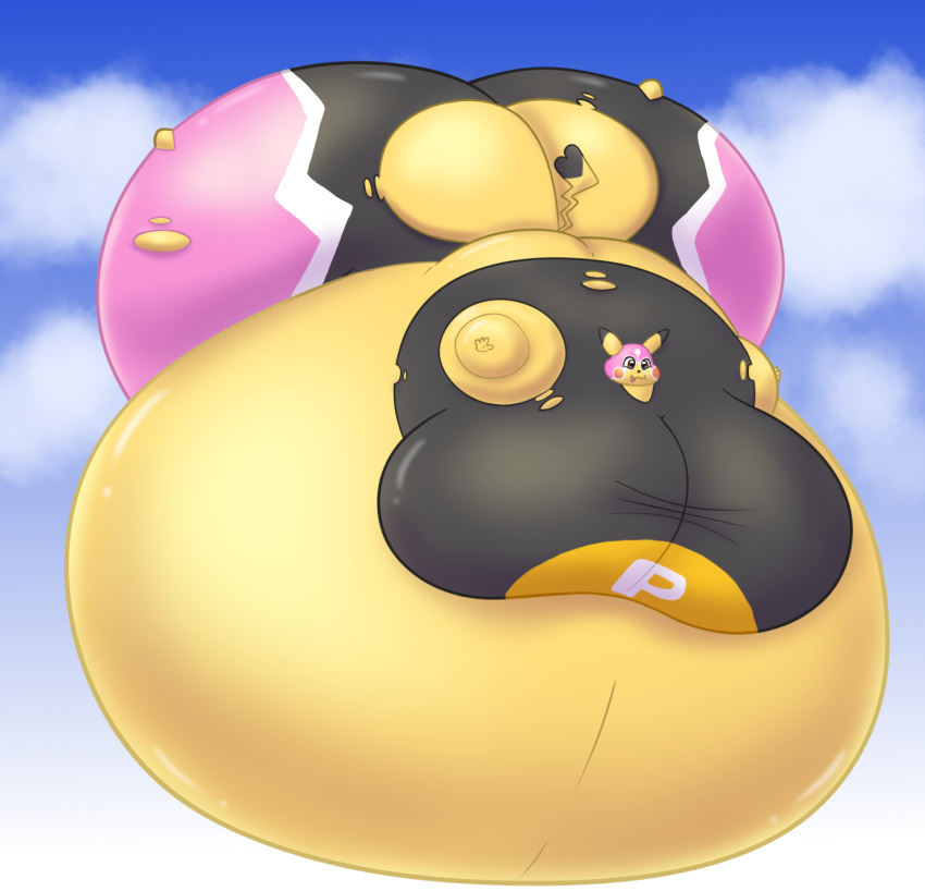 alvro anthro belly belly_expansion belly_inflation big_belly big_breasts big_butt black_clothing breast_expansion breasts butt butt_expansion clothing cloudscape cosplay_pikachu_(costume) expansion fan_character female floating fur generation_1_pokemon happy hi_res huge_breasts huge_butt hyper hyper_belly hyper_breasts hyper_butt inflation inflation_fetish nintendo pikachu pikachu_libre pink_clothing pink_mask pokemon pokemon_(species) sky solo susie_(reathe) tight_clothing tongue tongue_out torn_clothing wrestling_outfit yellow_body yellow_fur