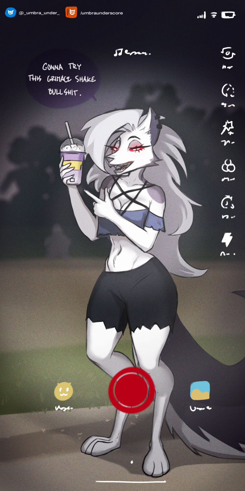absurd_res anthro athletic belly beverage bottomwear breasts camera canid canid_demon canine canis cleavage clothed clothing crop_top demon dialogue ear_piercing female fur grey_body grey_fur grey_hair grimace grimace_birthday_shake grimace_shake hair hellhound helluva_boss hi_res humanoid long_hair loona_(helluva_boss) mammal meme monster piercing scary shake shirt shorts small_waist solo speech_bubble tiktok topwear umbraunderscore video_camera wide_hips wolf