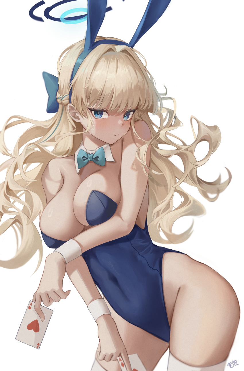 1girl absurdres ace_(playing_card) ace_of_diamonds ace_of_hearts animal_ears arm_under_breasts bare_shoulders between_fingers blonde_hair blue_archive blue_bow blue_eyes blue_hairband blue_leotard bow bowtie braid breasts card contrapposto detached_collar diamond_(shape) fake_animal_ears hairband halo heart highleg highleg_leotard highres holding holding_card large_breasts leotard linzhekuan long_hair official_alternate_costume official_alternate_hairstyle playboy_bunny playing_card rabbit_ears simple_background solo thighhighs thighs toki_(blue_archive) toki_(bunny)_(blue_archive) very_long_hair wavy_hair white_background white_thighhighs wrist_cuffs