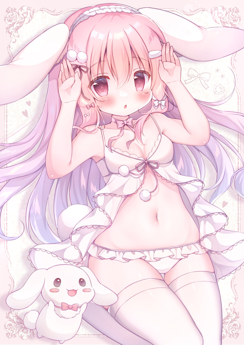 1girl :o animal_ears babydoll blush bow_choker breasts choker commentary_request covered_navel frilled_panties frills gradient_hair hair_between_eyes hanasaki_chiyu hanasakichu highres looking_at_viewer multicolored_hair navel original panties parted_lips pink_choker pink_eyes pink_hair purple_hair rabbit rabbit_ears rabbit_girl rabbit_pose rabbit_tail small_breasts solo tail thighhighs underwear underwear_only white_babydoll white_panties white_thighhighs