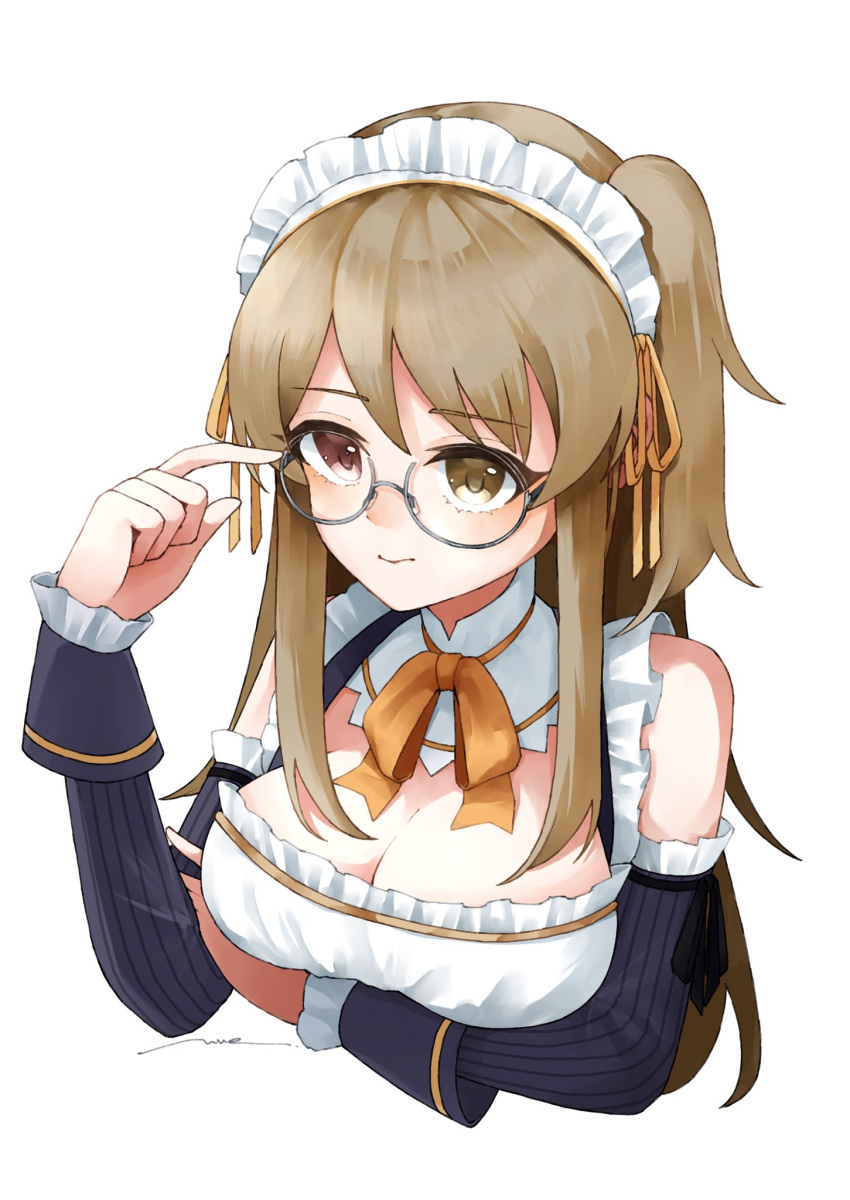 1girl adjusting_eyewear amahara_nue arm_under_breasts artist_name assault_lily bare_shoulders bow bowtie breasts brown_hair cleavage closed_mouth commentary_request cropped_torso detached_sleeves frilled_shirt frilled_sleeves frills glasses grey-framed_eyewear hair_ribbon hand_up heterochromia highres kuo_shenlin large_breasts long_hair long_sleeves looking_ahead maid maid_headdress official_alternate_costume orange_bow orange_bowtie orange_ribbon pink_eyes ribbon round_eyewear semi-rimless_eyewear shirt sidelocks simple_background sleeveless sleeveless_shirt solo under-rim_eyewear upper_body white_background white_shirt yellow_eyes