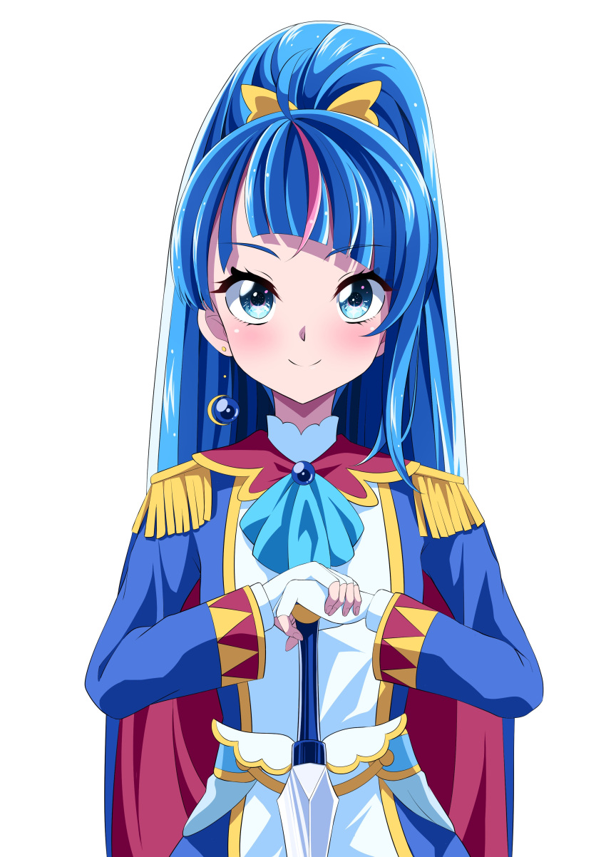 1girl absurdres ahoge alternate_costume alternate_hairstyle blue_cape blue_eyes blue_hair bow cape commentary_request cosplay cure_sky earrings epaulettes eyelashes fingerless_gloves gloves hair_bow happy highres hirogaru_sky!_precure jewelry long_hair looking_at_viewer magical_girl multicolored_hair pink_hair ponytail precure red_cape s-operator shalala_(precure) shalala_(precure)_(cosplay) simple_background smile solo sora_harewataru standing streaked_hair sword two-sided_cape two-sided_fabric two-tone_hair uniform very_long_hair weapon white_background white_gloves yellow_bow