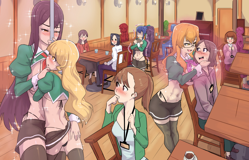 6+girls absurdres adapted_costume ass ass_grab back black_hair blonde_hair blue_hair blush breasts brown_eyes brown_hair cafe chair chibana_sumika earrings eye_contact female_pervert grabbing_another's_ass groping hand_on_another's_chin highres himejoshi holding holding_tray indoors jewelry large_breasts liebe_girls_academy_school_uniform long_hair looking_at_another mamiya_kanoko medium_hair mole mole_under_eye multiple_girls navel orange_eyes pervert pole_dancing ponytail revealing_clothes school_uniform shiraki_hime short_hair sitting skirt sparkle table thighhighs tray trembling ukaya_masaru watashi_no_yuri_wa_oshigoto_desu! yano_mitsuki_(watayuri) yellow_eyes yuri zettai_ryouiki