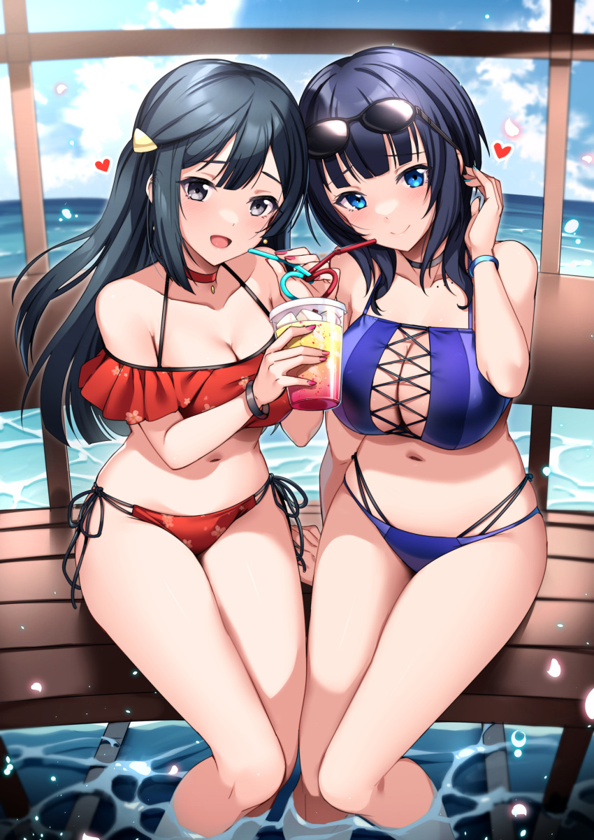 2girls asaka_karin bench bikini black_hair blue_eyes blue_sky blunt_bangs breasts cleavage cloud day drinking_straw eyewear_on_head feet_out_of_frame green_eyes hair_ornament hairclip highres horizon large_breasts long_hair love_live! love_live!_nijigasaki_high_school_idol_club medium_breasts multi-strapped_bikini multiple_girls nail_polish ocean outdoors red_bikini red_nails rumo shared_drink side-tie_bikini_bottom sky smile soaking_feet sunglasses swimsuit yuuki_setsuna_(love_live!)