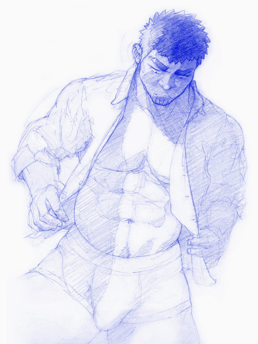 1boy abs bara blue_theme boxers bulge collared_shirt erection erection_under_clothes facial_hair feet_out_of_frame goatee highres large_pectorals looking_at_bulge looking_down male_focus male_underwear mature_male monochrome muscular muscular_male navel navel_hair no_pants noga_(noga_0309) open_clothes open_shirt pectoral_cleavage pectorals senpai_ga_uzai_kouhai_no_hanashi shirt short_hair sideburns sketch solo stomach stubble sweatdrop takeda_harumi_(shiromanta) thick_eyebrows thick_thighs thighs traditional_media underwear undressing