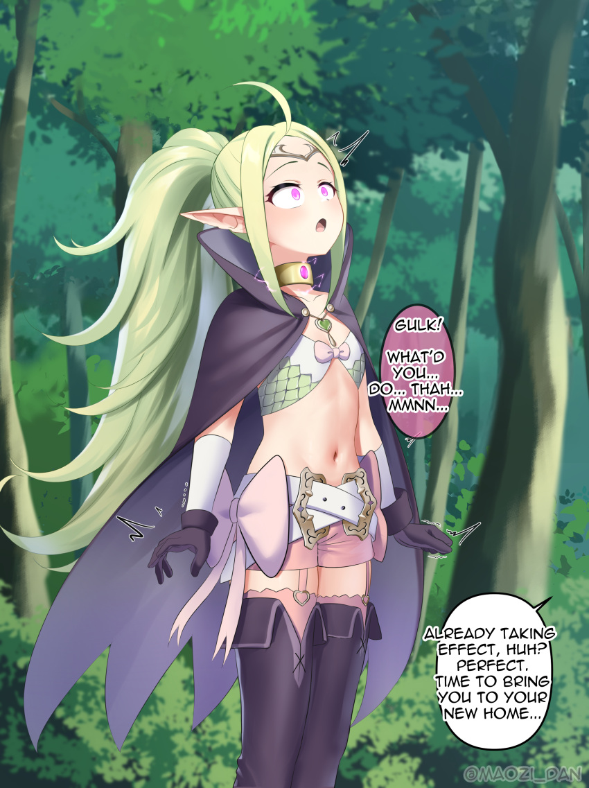 1girl absurdres ahoge belt blush boots bound bow breasts cape circlet closed_mouth collarbone commentary commission english_commentary english_text feet_out_of_frame fire_emblem fire_emblem_awakening forehead forest gloves green_hair highres long_hair maozi_dan nature navel nowi_(fire_emblem) outdoors pink_bow pink_eyes pink_shorts pink_thighhighs pointy_ears ponytail purple_cape purple_footwear purple_gloves short_shorts shorts sidelocks small_breasts smile solo standing stomach thigh_boots thighhighs tree trembling twitter_username variant_set very_long_hair white_belt