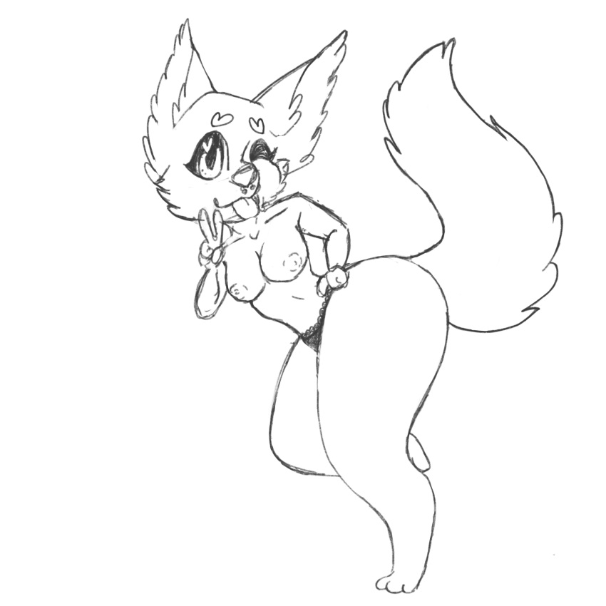 &lt;3 &lt;3_eyes 2019 anthro big_butt breasts butt canid canine clothed clothing collarbone digital_drawing_(artwork) digital_media_(artwork) digitigrade facial_piercing female gesture greyscale hand_on_hip hi_res looking_at_viewer mammal monochrome nipples nose_piercing one_eye_closed panties panties_only piercing simple_background sketch sneplord solo standing tail thick_thighs tongue tongue_out topless topless_female underwear underwear_only v_sign white_background wink winking_at_viewer