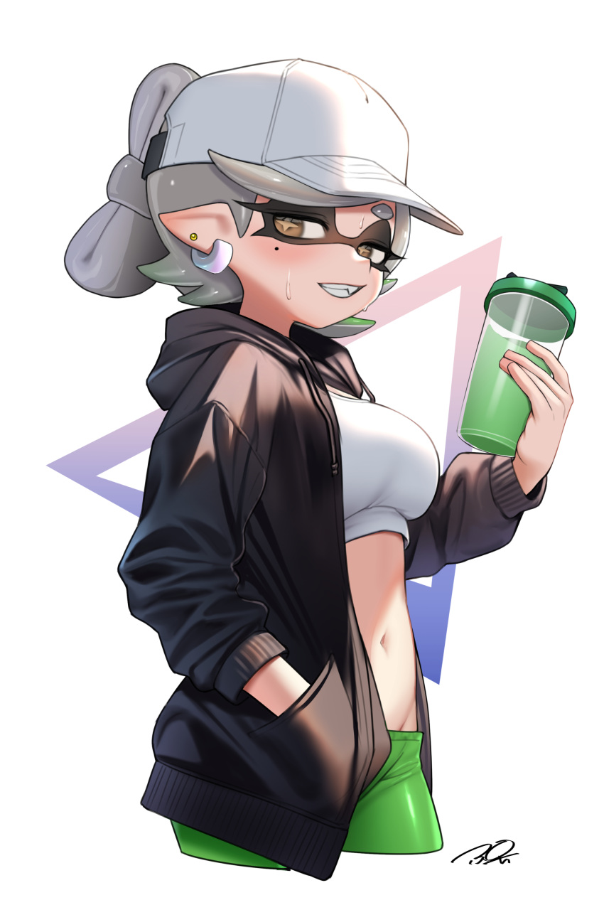 1girl absurdres baseball_cap breasts cephalopod_eyes commentary cowboy_shot cup earrings fang folded_hair hand_in_pocket hat highres holding holding_cup hood hooded_jacket jacket jewelry looking_at_viewer marie_(splatoon) midriff mole mole_under_eye navel pink_hair plastic_bottle pointy_ears puchiman short_eyebrows short_hair signature solo splatoon_(series) sweat tentacle_hair thick_eyebrows triangle white_background