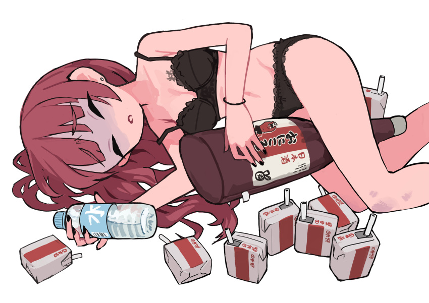 1girl absurdres alcohol alcohol_carton black_bra black_panties bocchi_the_rock! bottle bra carton closed_eyes commentary_request drinking_straw hangover highres hiroi_kikuri long_hair lying on_side osakechan0 panties purple_hair simple_background solo underwear underwear_only white_background