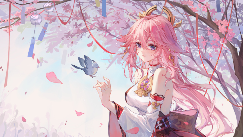1girl animal_ears bare_shoulders bird blue_bird cherry_blossoms commentary_request earrings emoticon falling_petals floppy_ears fox_ears fox_shadow_puppet genshin_impact hair_between_eyes hand_up highres japanese_clothes jewelry lixiang_guo_alice long_hair looking_at_viewer nontraditional_miko parted_lips petals pink_hair purple_eyes red_ribbon ribbon smile solo tree twitter_username upper_body very_long_hair white_sleeves wide_sleeves wind_chime yae_miko
