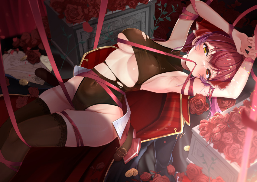 1girl absurdres armpits arms_up bare_arms black_coat blush breasts brown_leotard brown_thighhighs coat coat_removed coin covered_navel flower gold_coin groin heterochromia highres hinoki_kahun0 hololive houshou_marine lace-trimmed_legwear lace_trim large_breasts leotard long_hair looking_at_viewer lying miniskirt mouth_hold on_back pleated_skirt red_eyes red_flower red_hair red_ribbon red_skirt ribbon ribbon_in_mouth skindentation skirt skirt_removed solo thighhighs thighs torn_clothes torn_leotard underboob virtual_youtuber yellow_eyes