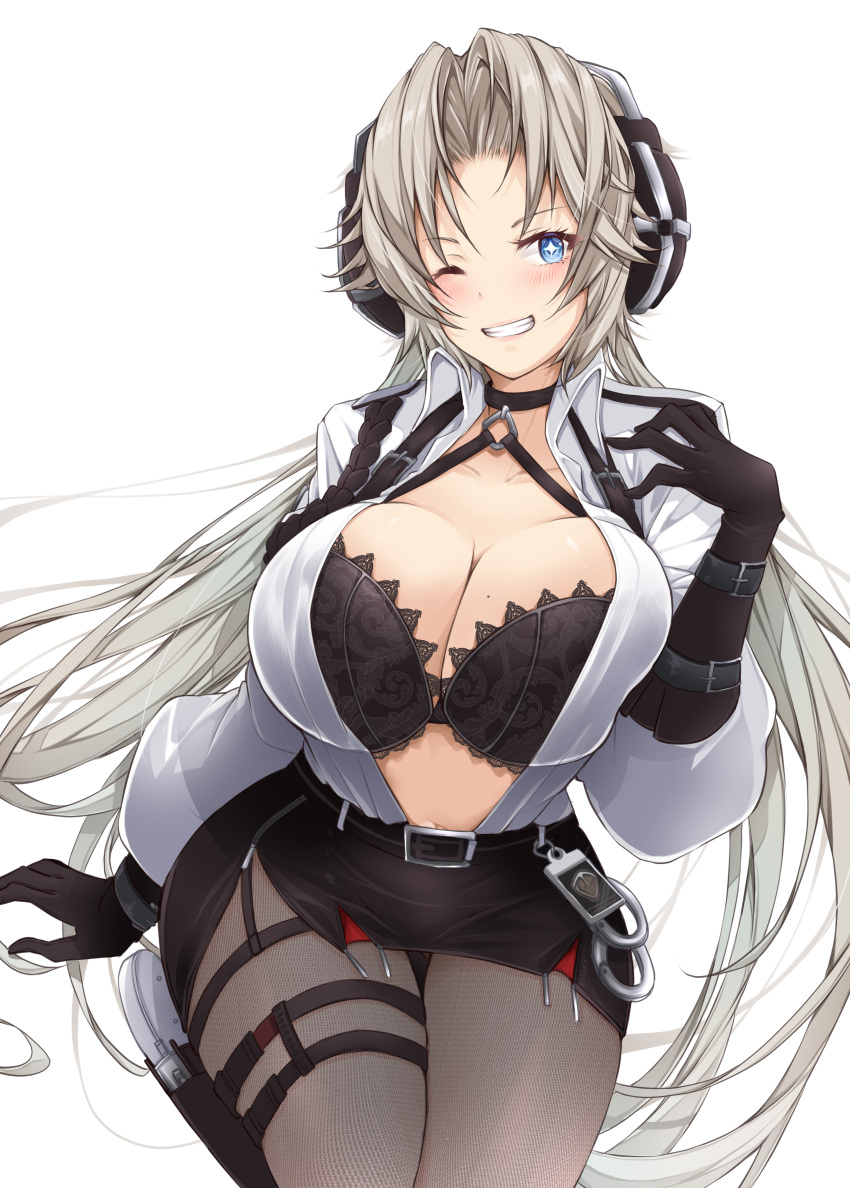 1girl absurdres azur_lane belt black_belt black_bra black_choker black_gloves black_pantyhose black_skirt blonde_hair blue_eyes blush bra bra_peek breasts choker cleavage collarbone commentary_request cowboy_shot cuffs elbow_gloves gloves grin gun hand_up handcuffs headphones high-waist_skirt highres holster holstered kronshtadt_(azur_lane) kronshtadt_(begin_the_rush!)_(azur_lane) large_breasts long_hair long_sleeves looking_at_viewer mikuchi3939 mole mole_on_breast official_alternate_costume one_eye_closed open_clothes open_shirt pantyhose parted_bangs pencil_skirt police_badge shirt sidelocks simple_background skirt smile solo standing teeth thigh_holster underwear very_long_hair weapon white_background white_shirt