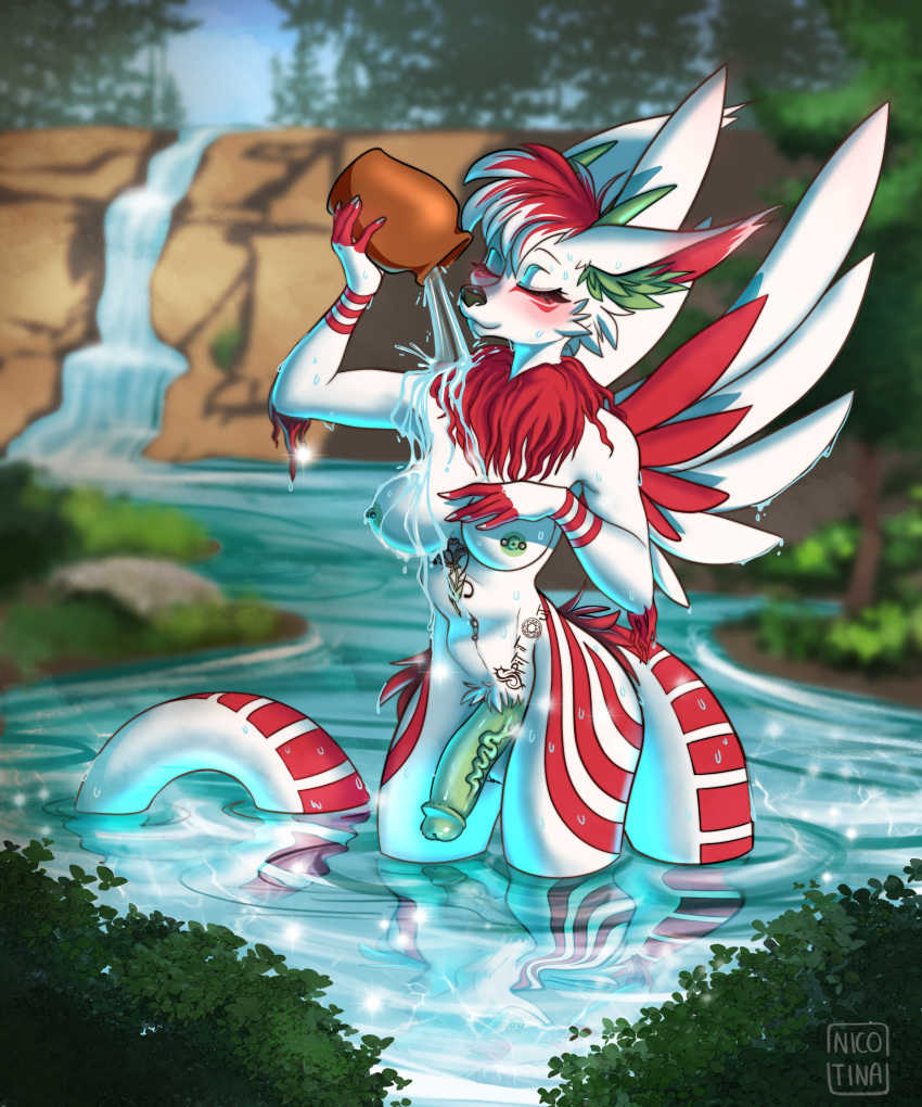 absurd_res anthro bath bathing canid canine dragon gynomorph hi_res hybrid intersex mammal nicotina outdoor_nudity outside pepper_mynt_(togothehusker) pouring_on_breasts pouring_onto_self pouring_water river soaking solo water wet