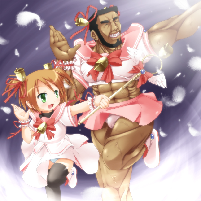 1boy 1girl :o abs atsushi_takada beard bell black_hair black_thighhighs bow brown_hair bulge facial_hair feathers green_eyes grey_background grin hair_ribbon hand_up highres kanna_hisashi magical_girl mahou_shoujo_pretty_bell misaki_eri_(mahou_shoujo_pretty_bell) muscular muscular_male panties pantyshot pink-skirt red_bow red_ribbon ribbon shirt smile standing standing_on_one_leg thighhighs underwear wand white_footwear white_shirt wind wind_lift wrist_ribbon wristband