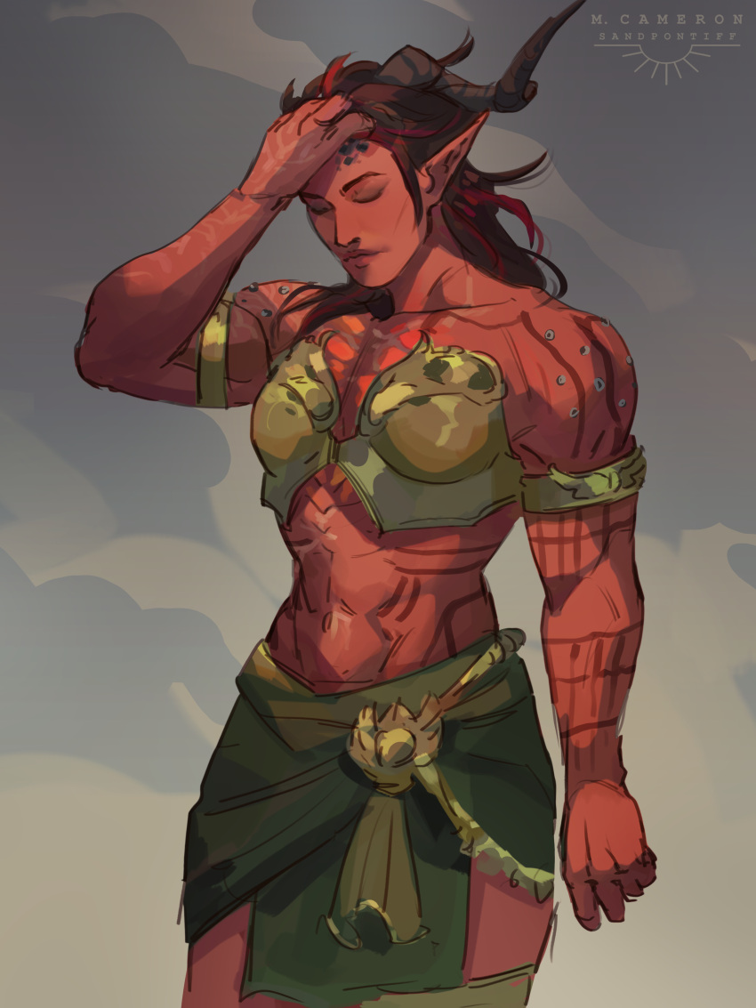 1girl abs absurdres armlet baldur's_gate baldur's_gate_3 bikini closed_eyes colored_skin demon_girl demon_horns dungeons_and_dragons highres horns karlach_(baldur's_gate) long_hair muscular muscular_female red_hair red_skin sandpontiff signature skirt solo swimsuit toned