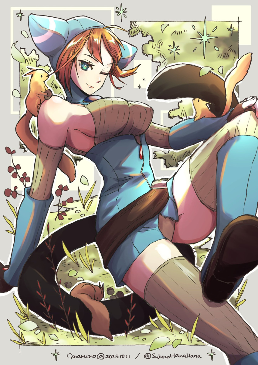 1girl animal animal_ears animal_hood breasts breath_of_fire breath_of_fire_v cat_ears cat_hood closed_mouth creature gloves grass highres hood lin_(breath_of_fire) looking_at_viewer maruno one_eye_closed orange_hair outdoors short_hair smile tail thighhighs