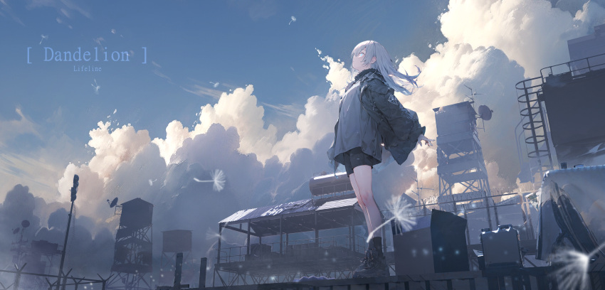 1girl absurdres aqua_eyes artist_name black_coat black_footwear black_shorts blurry blurry_foreground boots closed_mouth cloud coat dandelion day english_text fence flower from_below full_body highres ladder lifeline_(a384079959) long_hair long_sleeves original outdoors profile radio_antenna scenery shorts sky socks solo standing transmission_tower white_hair