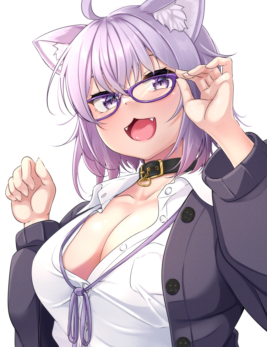 1girl :3 :d ahoge animal_ear_fluff animal_ears blush breasts cat_ears cat_girl cleavage collared_shirt glasses hiden_(takanori) highres hololive jacket large_breasts looking_at_viewer medium_hair naked_shirt nekomata_okayu nekomata_okayu_(4th_costume) official_alternate_costume open_mouth purple-framed_eyewear purple_eyes purple_hair purple_jacket shirt smile solo unbuttoned unbuttoned_shirt virtual_youtuber white_background white_shirt