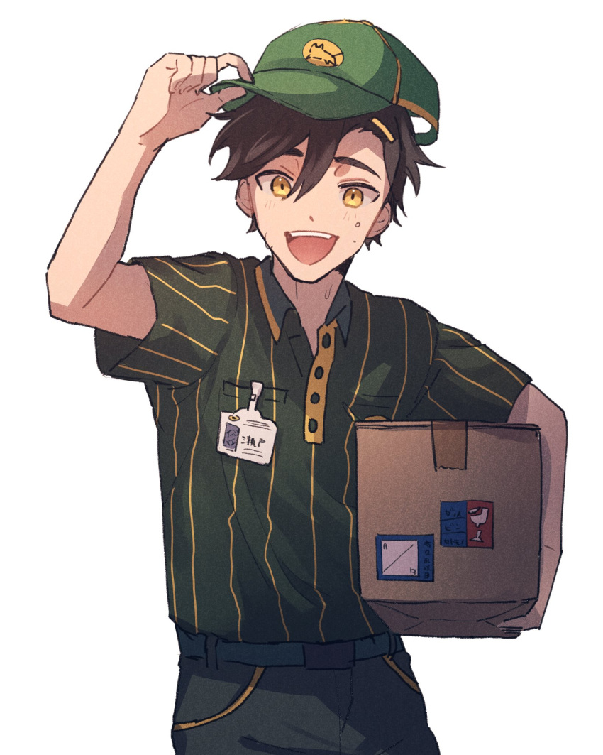 1boy :d adjusting_clothes adjusting_headwear baseball_cap belt black_hair box breast_pocket buttons cardboard_box character_name collared_shirt commentary_request cowboy_shot employee_uniform fragile_symbol green_belt green_headwear green_pants green_shirt hair_between_eyes hair_ornament hairclip hand_up hat highres holding holding_box id_card kagerou_project long_bangs looking_at_viewer male_focus mekakucity_actors mokemoke_chan open_collar open_mouth pants pinstripe_pattern pinstripe_shirt pocket seto_kousuke shirt short_hair short_sleeves simple_background smile solo sticker striped tape teeth tsurime two-tone_headwear two-tone_pants two-tone_shirt uniform upper_teeth_only white_background yellow_eyes yellow_headwear yellow_pants yellow_shirt