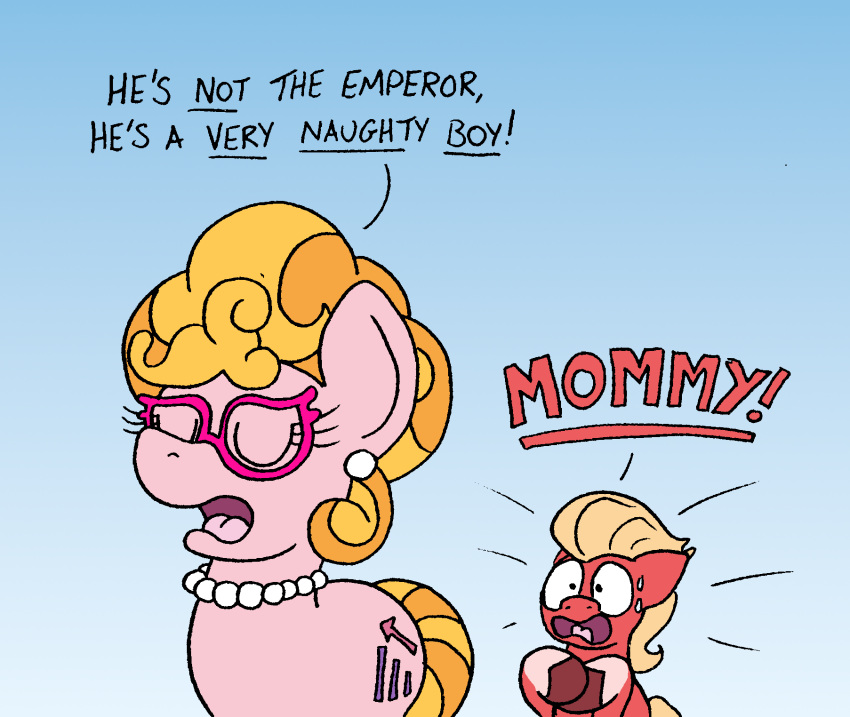 blonde_hair bobthedalek bodily_fluids cutie_mark ear_piercing earth_pony english_text equid equine female fur gem hair hasbro hi_res hooves horse jewelry leg_markings male mammal markings meme mother mother_and_child mother_and_son my_little_pony necklace parent parent_and_child pearl_(gem) pearl_necklace phyllis_cloverleaf_(mlp) piercing pink_body pink_fur pony red_body red_fur socks_(marking) son sprout_cloverleaf_(mlp) sweat sweatdrop text