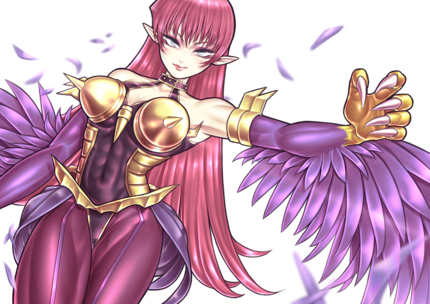 1girl armor bare_shoulders boobplate breasts claws cyber_slash_harpie_lady duel_monster feathered_wings feathers goston500 green_eyes hair_between_eyes harpie_lady harpy highres large_breasts long_hair looking_at_viewer monster_girl pink_hair pointy_ears purple_feathers purple_wings see-through solo spiked_armor white_background winged_arms wings yu-gi-oh!
