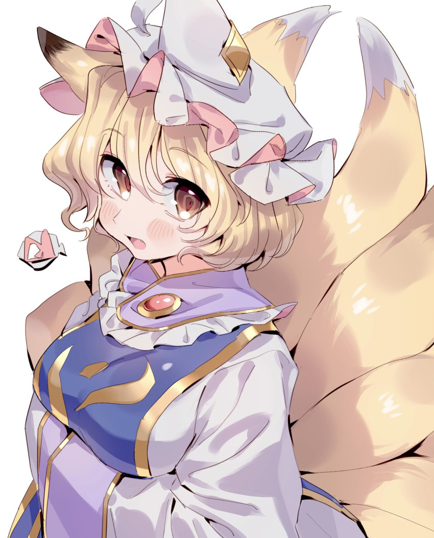 1girl animal_ears blonde_hair blush dress fang fox_ears fox_tail hair_between_eyes hands_in_opposite_sleeves hat highres masanaga_(tsukasa) mob_cap multiple_tails open_mouth short_hair simple_background solo tabard tail touhou upper_body white_background white_dress white_headwear wide_sleeves yakumo_ran yellow_eyes