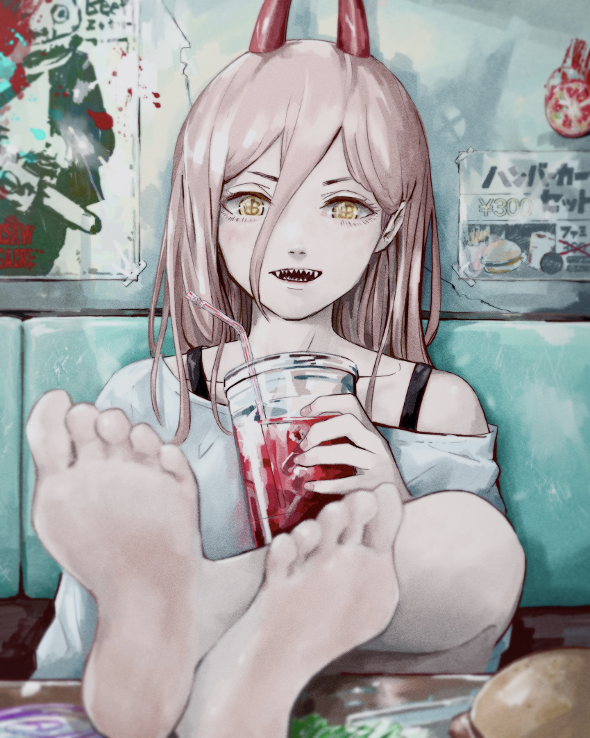 1girl absurdres araki_rakka barefoot burger chainsaw_man cross-shaped_pupils cup feet_on_table food hair_between_eyes highres holding holding_cup horns long_hair looking_at_viewer pink_hair pink_nails power_(chainsaw_man) red_horns sharp_teeth solo symbol-shaped_pupils teeth yellow_eyes