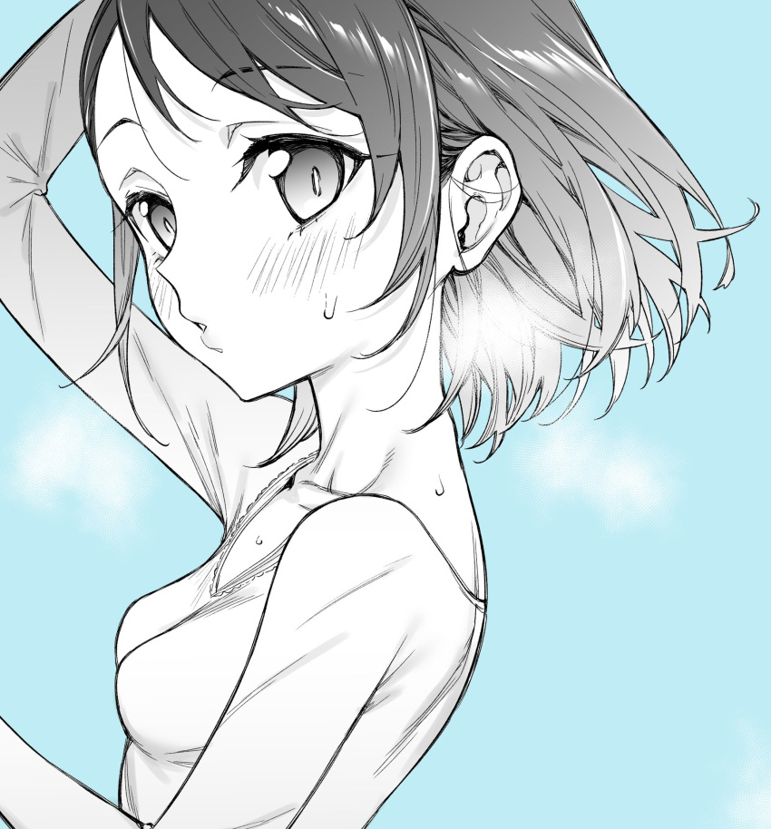 1girl athletic_leotard blue_background blush breasts commentary_request floating_hair greyscale_with_colored_background highres idolmaster idolmaster_cinderella_girls idolmaster_cinderella_girls_u149 leotard looking_at_viewer monochrome mushi024 puckered_lips sasaki_chie small_breasts solo sweat upper_body