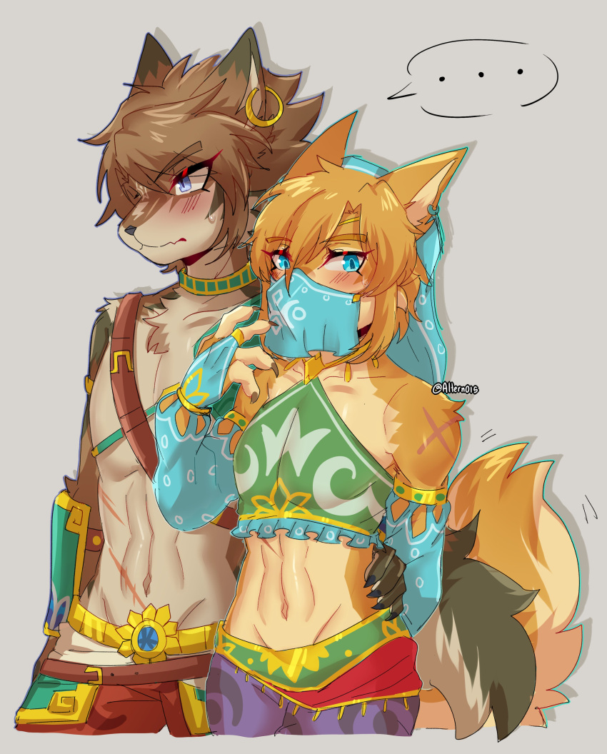 2023 absurd_res altern015 alternate_species anthro anthrofied armwear blonde_hair blue_eyes blush breath_of_the_wild brown_hair canid canine canis claws clothed clothing crossdressing duo ear_piercing ear_ring ellipsis fur furrification gerudo_outfit girly hair hand_on_hip hi_res link link_(wolf_form) male male/male mammal navel nintendo piercing ring_piercing signature simple_background speech_bubble square_crossover the_legend_of_zelda twilight_princess veil white_body white_fur wolf yellow_body yellow_fur