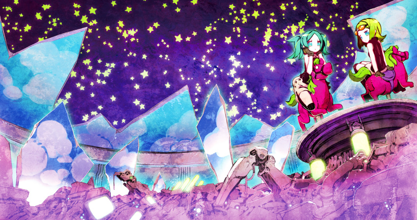 2girls album_cover alternate_costume aqua_eyes aqua_hair black_gloves black_shirt black_socks blue_eyes broken_ceiling carousel closed_mouth commentary_request cover expressionless from_below gloves goggles goggles_on_head green_hair gumi hatsune_miku head_rest highres medium_hair miwa_shirow monitor multiple_girls orange-tinted_eyewear over-kneehighs parted_bangs purple_sky riding robot shirt shorts sitting skirt sky sleeveless sleeveless_turtleneck socks star_(sky) star_(symbol) starry_sky thighhighs tinted_eyewear turtleneck twintails vocaloid white_shorts white_skirt wide_shot wreckage