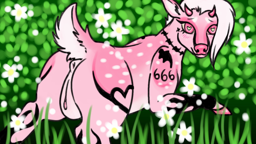 anus deer demon female feral flower genitals hi_res hooves horn looking_at_viewer looking_back mammal outside pink_body plant presenting pussy raised_tail solo succubus_deer tail tattoo