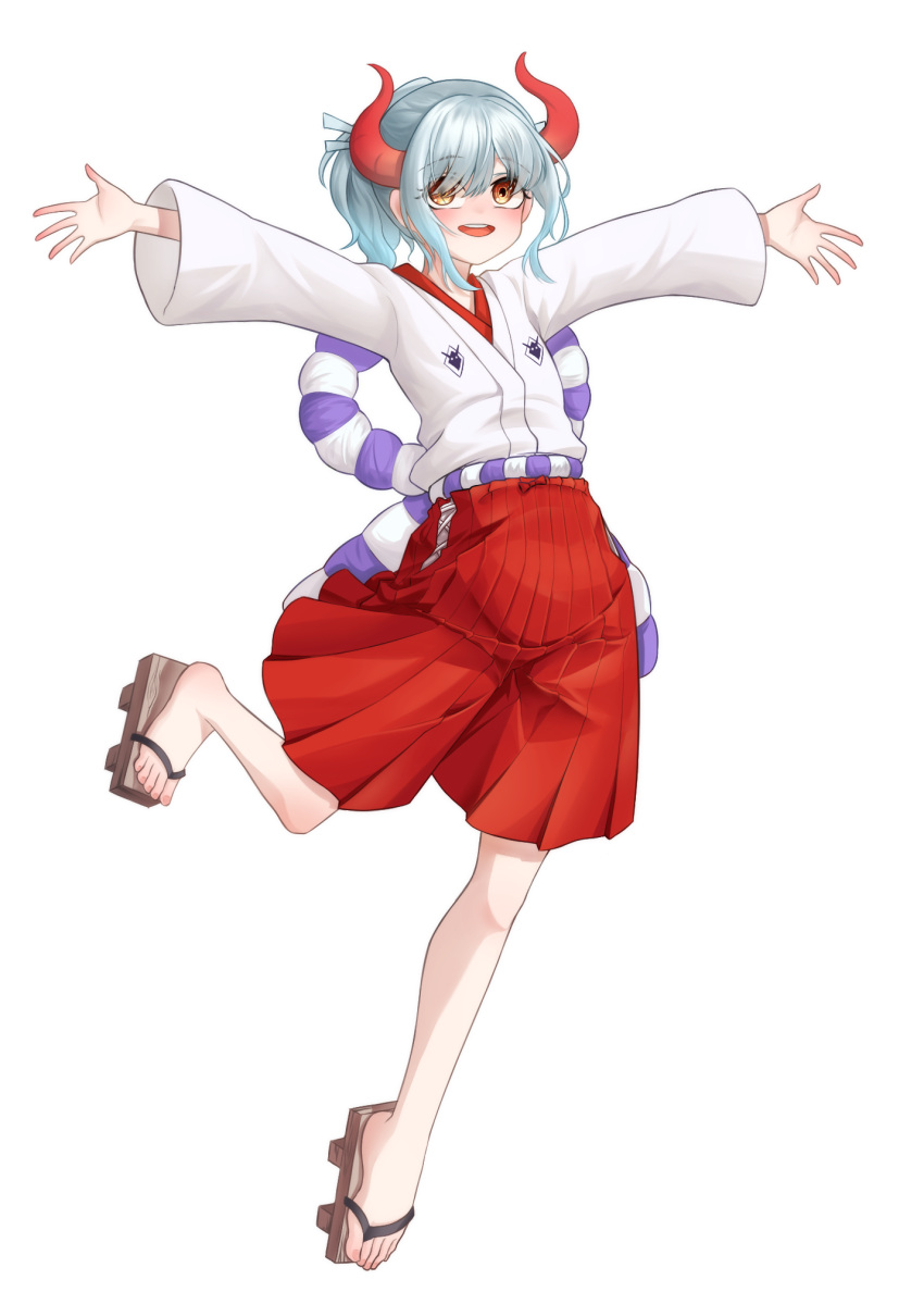 1girl aged_down buyange commentary_request eyelashes feet full_body geta grey_hair highres horns japanese_clothes korean_commentary long_hair looking_at_viewer one_piece open_mouth orange_eyes pleated_shorts red_shorts sandals shorts sidelocks simple_background solo standing standing_on_one_leg teeth toenails toes upper_teeth_only white_background wide_sleeves yamato_(one_piece)
