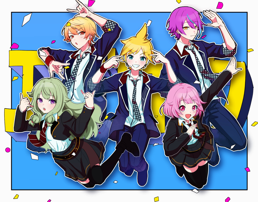 2girls 3boys absurdres black_skirt blonde_hair blue_eyes blue_jacket blue_pants checkered_necktie commentary confetti ego_rock_(vocaloid) headphones highres jacket kagamine_len kamishiro_rui kusanagi_nene long_hair multicolored_hair multiple_boys multiple_girls necktie ootori_emu pants pink_eyes pink_hair project_sekai purple_hair red_necktie school_uniform short_hair skirt streaked_hair taro14_tea tenma_tsukasa vocaloid wonderlands_x_showtime_(project_sekai) wonderlands_x_showtime_len yellow_eyes