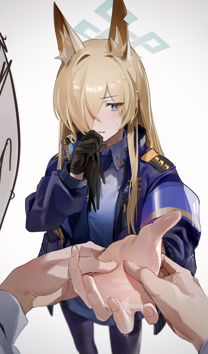 1boy 1girl absurdres armband arona's_sensei_doodle_(blue_archive) black_gloves blonde_hair blue_archive blue_eyes blue_jacket blue_necktie blue_shirt blurry breasts collared_shirt commentary_request depth_of_field extra_ears flatshi gloves gloves_removed gradient_background hair_over_one_eye halo hand_grab hand_up highres jacket kanna_(blue_archive) long_hair long_sleeves medium_breasts necktie notched_ear open_clothes open_jacket outstretched_arm pantyhose parted_lips purple_pantyhose sensei_(blue_archive) shirt standing sweat