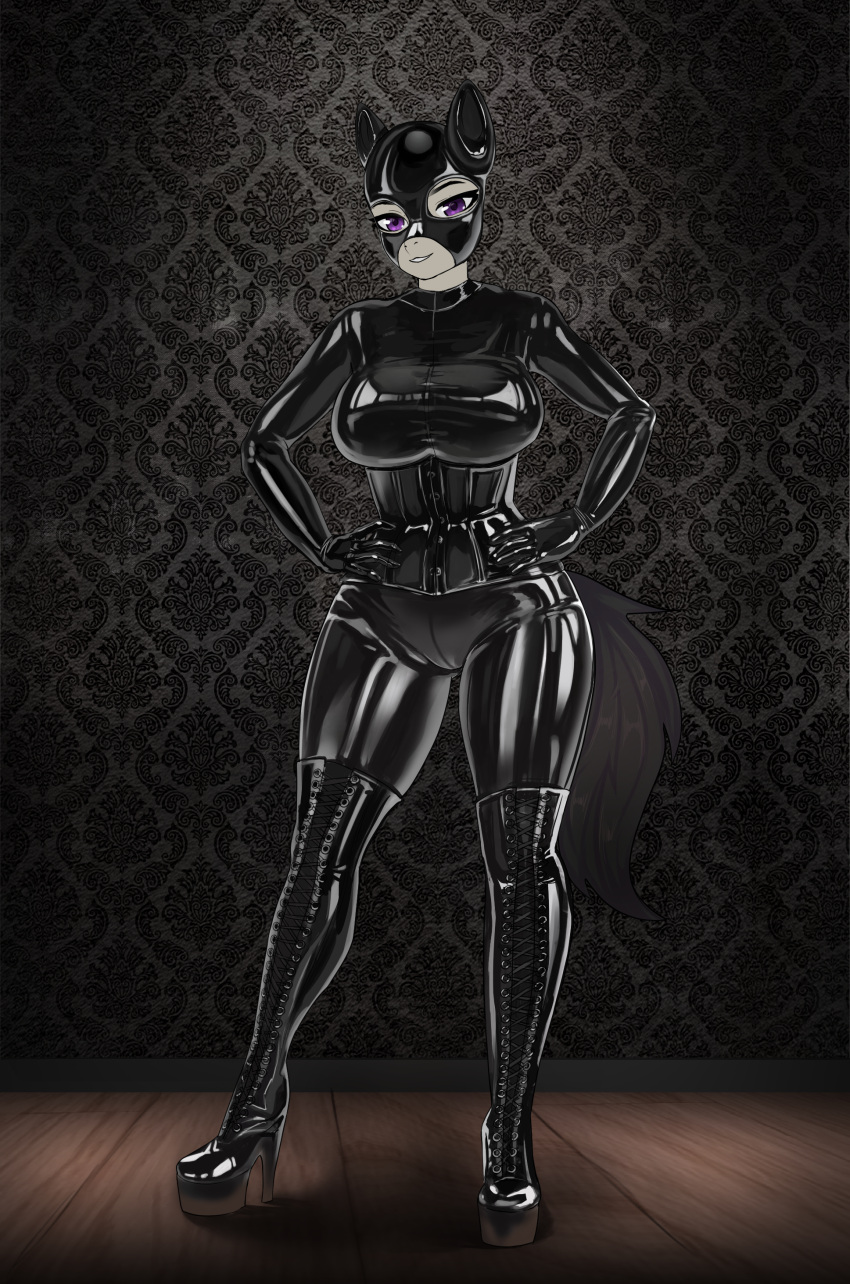 absurd_res black_latex black_tail boots breasts clothed clothing corset earth_pony equid equine female footwear friendship_is_magic hands_on_hips hasbro hi_res high_heeled_boots high_heels horse latex latex_skinsuit legwear lingerie looking_at_viewer mammal mask my_little_pony octavia_(mlp) pony purple_eyes skinsuit tail thigh_boots thigh_highs tight_clothing topwear transfaled_(fwexz) wedge_(footwear)
