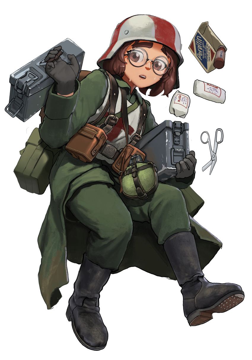 1girl abigail_(panzerfritz) absurdres ammunition_box bandages belt black_footwear boots borrowed_character brown_eyes brown_hair canteen coat combat_helmet commentary_request cross first_aid first_aid_kit german_army germany glasses gloves green_coat green_pants helmet highres holding legs_apart load_bearing_vest long_sleeves looking_at_viewer medic medium_hair military military_uniform original pants pants_tucked_in pouch red_cross red_headwear rifleman1130 round_eyewear scissors simple_background soldier solo stahlhelm sweat sweatdrop two-tone_headwear uniform wehrmacht white_background white_headwear world_war_ii