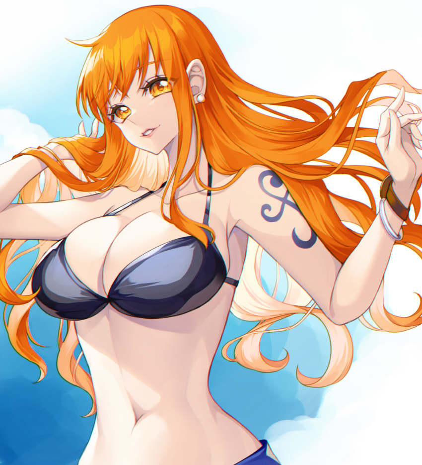 1girl arm_tattoo bracelet breasts cleavage cloud commentary_request crazy_otama earrings eyelashes gradient_background happy highres jewelry large_breasts log_pose long_hair looking_at_viewer nami_(one_piece) navel one_piece orange_eyes orange_hair smile solo standing tattoo wavy_hair