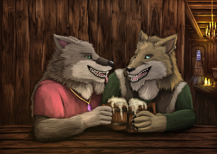 absurd_res alcohol ale amethyst_(gem) anthro beer beverage blue_eyes brown_body brown_fur candle canid canine canis container cup door duo farkas_(race) foam fur furniture gem glass green_eyes green_tunic hair hi_res homebrew inside kai_(farkas) leif_(farkas) light long_hair lovers_moment male male/male mammal moonlight piercing red_tunic scar sitting smile stein table tavern teeth tongue warm_lighting wolf wood yenocwolf yggdrasill