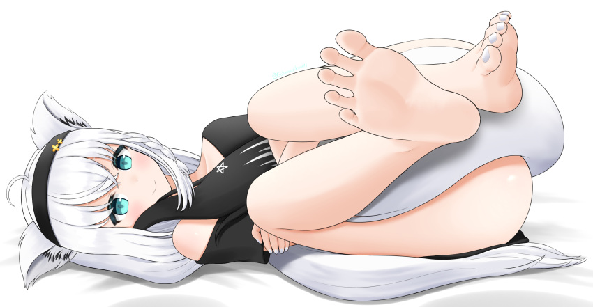 1girl ahoge animal_ear_fluff animal_ears aqua_eyes artist_name bare_legs barefoot black_hairband black_shirt blush covering_crotch covering_privates crossed_bangs eyelashes feet foot_focus foreshortening fox_ears full_body grey_hair grey_nails hairband highres hololive hugging_tail knees_up legs long_hair looking_at_viewer lying nail_polish off-shoulder_shirt off_shoulder on_side presenting_foot shirakami_fubuki shirt simple_background smile soles solo spread_toes tail tail_censor tamagotozi3420 toenail_polish toenails toes twitter_username virtual_youtuber white_background